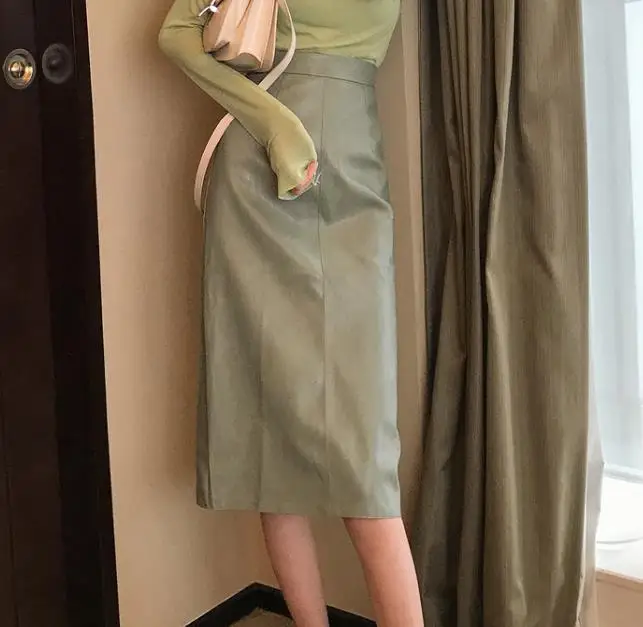 Green Женская юбка из искусственной кожи, осенняя уличная одежда, повседневная офисная одежда, облегающая юбка-карандаш, юбки с высокой талией, Jupe - Цвет: Green
