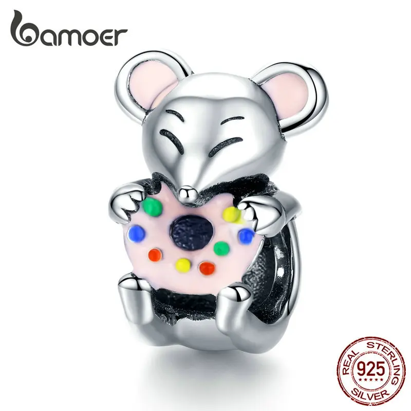 

bamoer Greedy Mouse Animal Metal Charm 925 Silver Original Donuts Charms fit Women Bracelet Bangle Girl Gifts Bijoux SCC1318