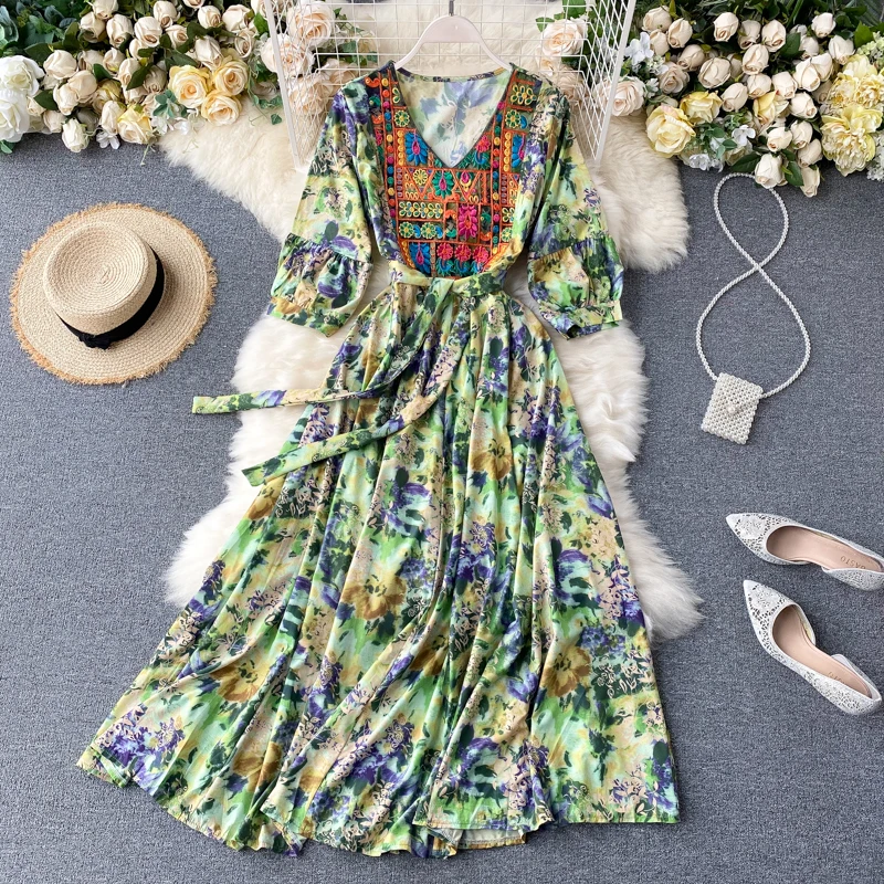 

2021 Spring Women Printed Dress Ladies Bohemia V-neck Printed Chic Half Sleeves Lace-up Swing Mid-calf A-line Long Dress Summer