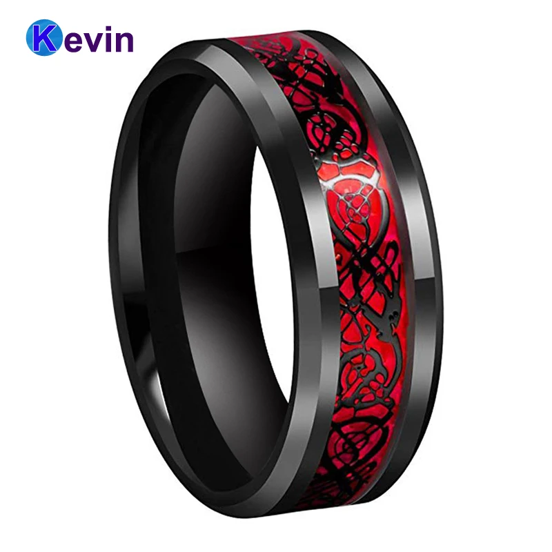 Red Opal Dragon-Ring Black Tungsten Carbide Mens Wedding Inlay And