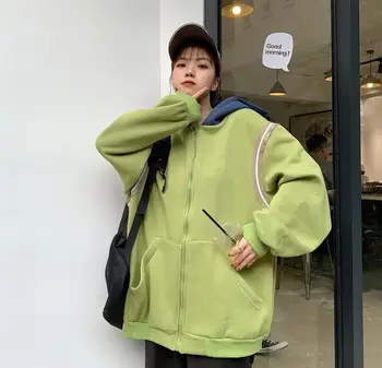 

Korean autumn and winter Harajuku bf wind hooded thick plus velvet loose sweatshirt women