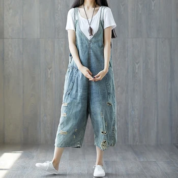 

Womens Denim Suspenders Jumpsuit Dungarees Overalls Ripped Distressed Loose Big Oversize Casual for Spring Summer A09111115