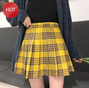 

Fashion Street Style Big Size High-Waisted Yellow Chequered A-shaped pleated Charming Fashion Short Skirt New Women