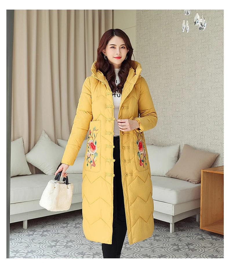 Плюс размер 3XL куртка с вышивкой модное женское зимнее пальто длинное плотное теплое элегантное хлопковое Стеганое пальто Верхняя одежда парки