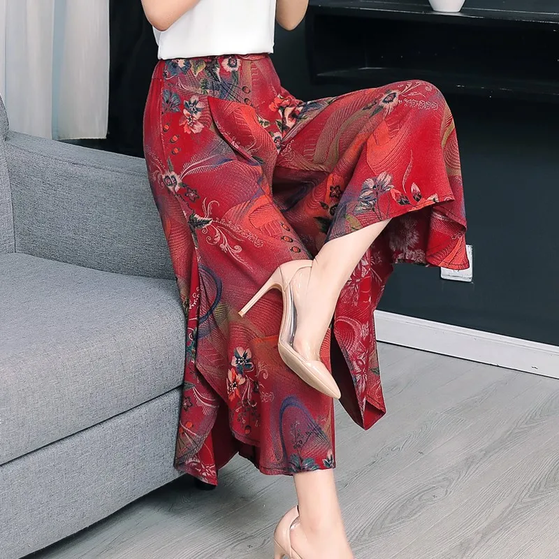 style 05 4XL New Fashion Women's BOHO Elegant Shorts Florals Print Chiffon Long Skirt Lady Slim High Waist Elastic Waist Pleated Skirts - Цвет: style 05