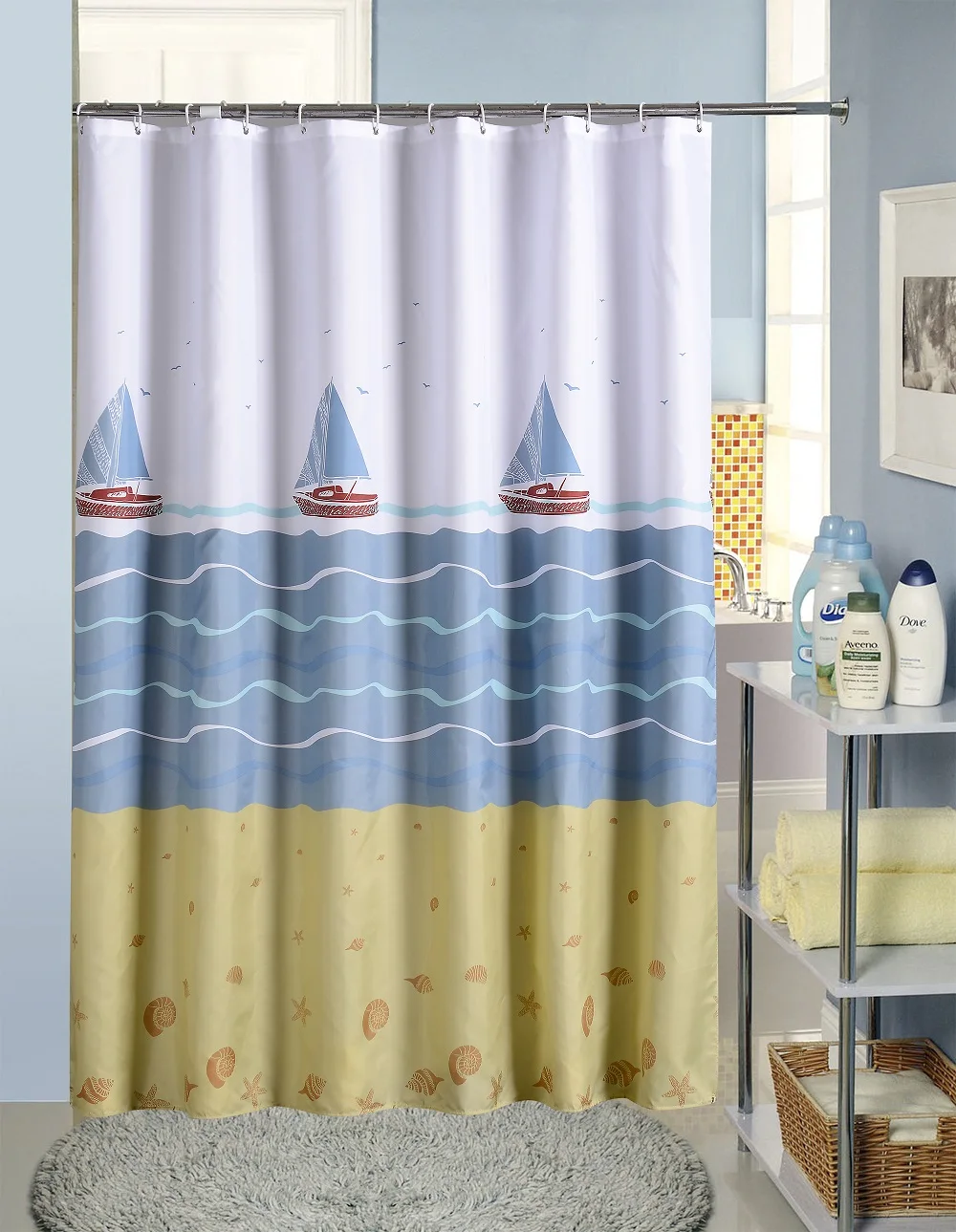 

Waterproof Thicken Ocean Sea Beach Blue Yellow Bathroom Shower Curtain Polyester Mildew Proof Bath Tub Curtain with 12 pcs Hooks