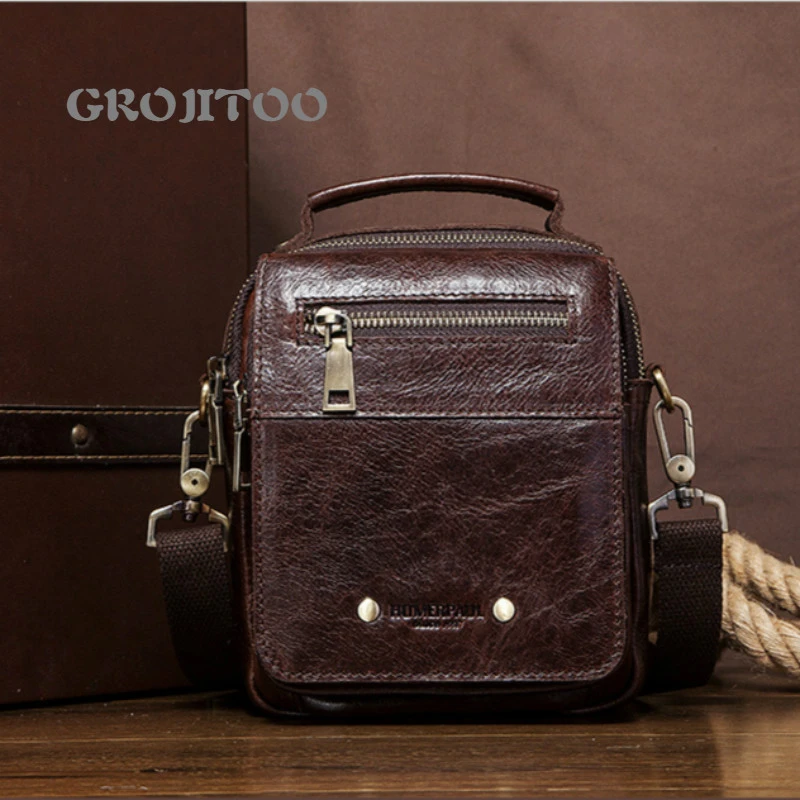 

GROJITOO Men's Leather Messenger Bag multi functional shoulder bag multi compartment cowhide Waist Bag Mini men's shoulder bag