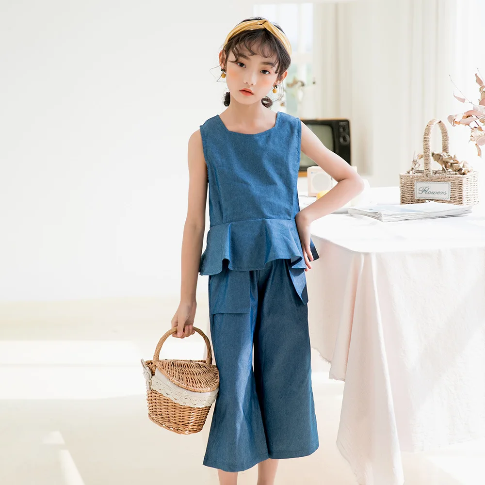 

Girl'S Casual Suit New Style 2020 Summer Denim Vest Childrenswear Big Kid Flounced Two-Piece Set