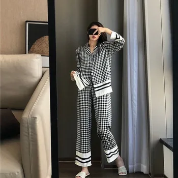 

Houndstooth Home Clothes for Women Warm Pajamas for Women Spring Pyjamas Women Fashion Pijama Set Pigiami Donna Sleepwear Set