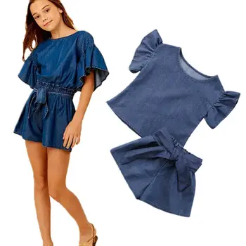 

CANIS Toddler Girls Ruffle Sleeve Solid Color Top Bowknot Denim Short Jeans Pants 3pcs Outfits Set 2-6T
