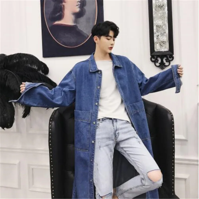 Men Long Casual Denim Trench Coat Streetwear Hip Hop Fashion Loose Cowboy Cardigan Jacket Male Jean Windbreaker Overcoat