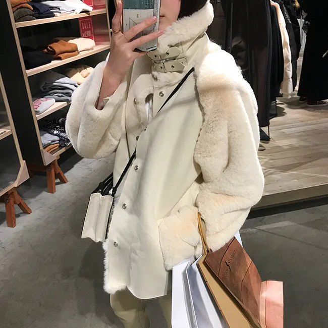 

New Winter 2019 Jacket Thickened Winter Mock Neck Coat Medium Long Rabbit Hair Single Breasted Coat Women Jacket