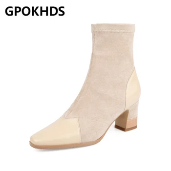 

GPOKHDS 2021 women Ankle boots cow leather+Flock winter short plush Square toe high heels female boots size 39