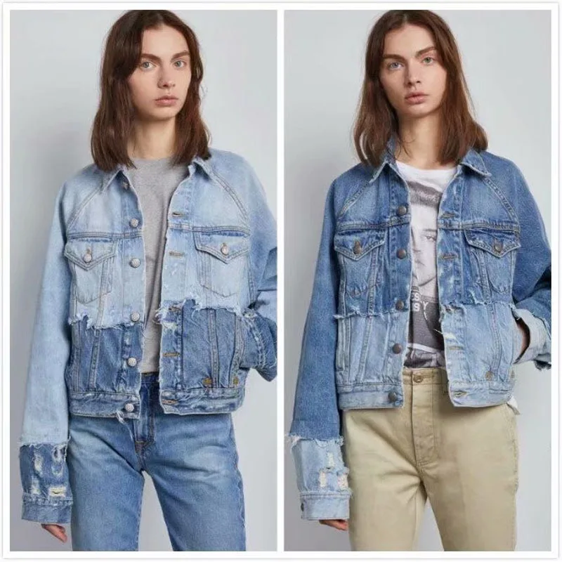 

AliExpress Hot Selling 2018 Autumn New Style Europe And America-Style Hot Models Two-color Joint Jeans Coat 8441