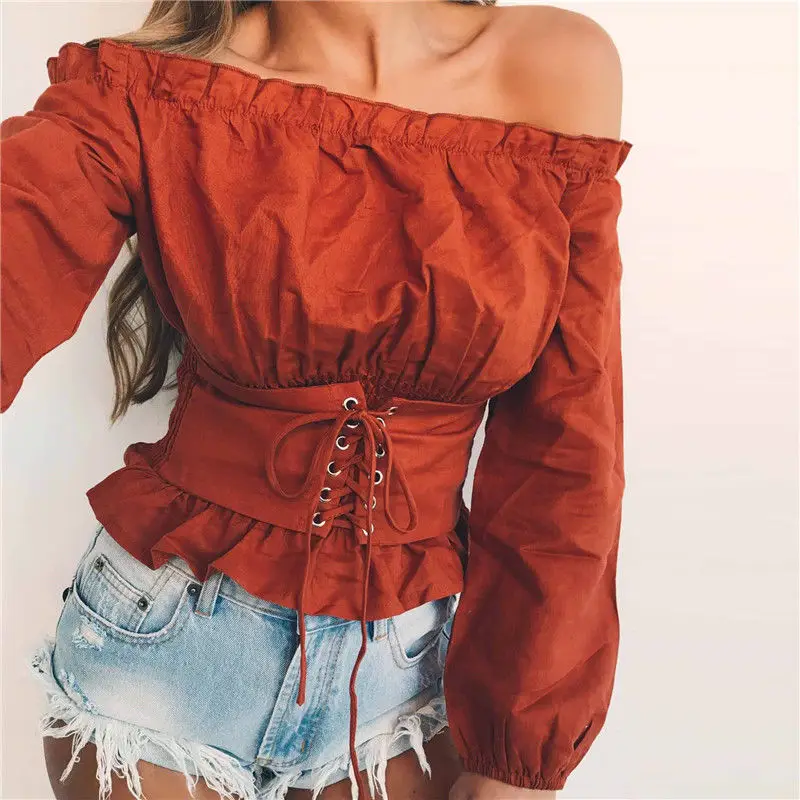 2020 Sexy Tops Womens Lace Up Satin Corset Blouse Lantern Sleeve Off Shoulder Top Corset Shirt Blusa Mujer 2020 Sexy Tops Womens Lace Up Satin Corset Blouse Lantern Sleeve Off Shoulder Top Corset Shirt Blusa Mujer