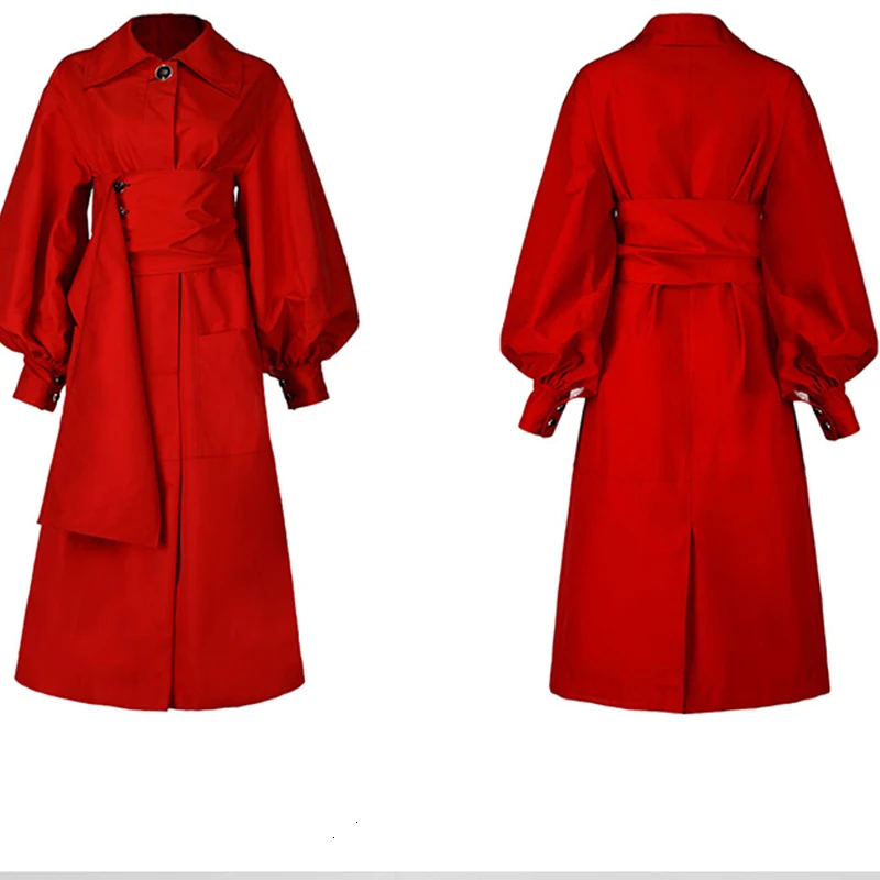 New Autumn Winter Turn-down Collar Long Sleeve Bandage Button Pockets Long Windbreaker Women Trench Fashion L817