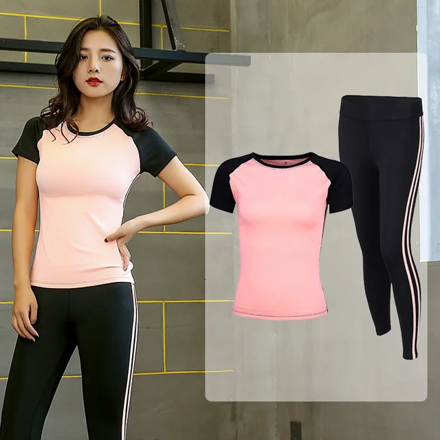 2 piece-Pink Комплект для йоги, женская спортивная одежда, спортивный бюстгальтер+ штаны+ футболка+ пальто, 5 шт., спортивный костюм для фитнеса и бега, дышащие спортивные Леггинсы - Цвет: 2 piece-Pink