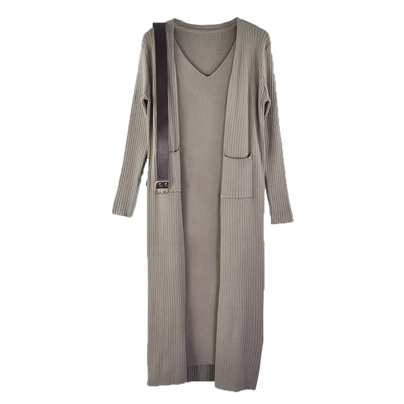 TAOVK осенний Женский вязаный кардиган свободный свитер пальто платье комплект из двух предметов с поясом - Color: Gray