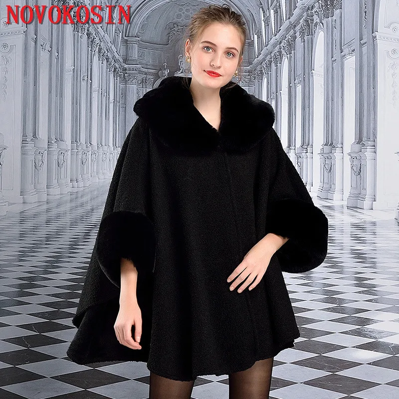 6 Colors Winter Warm Oversize Fashion Long Sleeves Poncho Cloak Granular Velvet Women Faux Rabbit Fur Cardigan Streetwear Coat