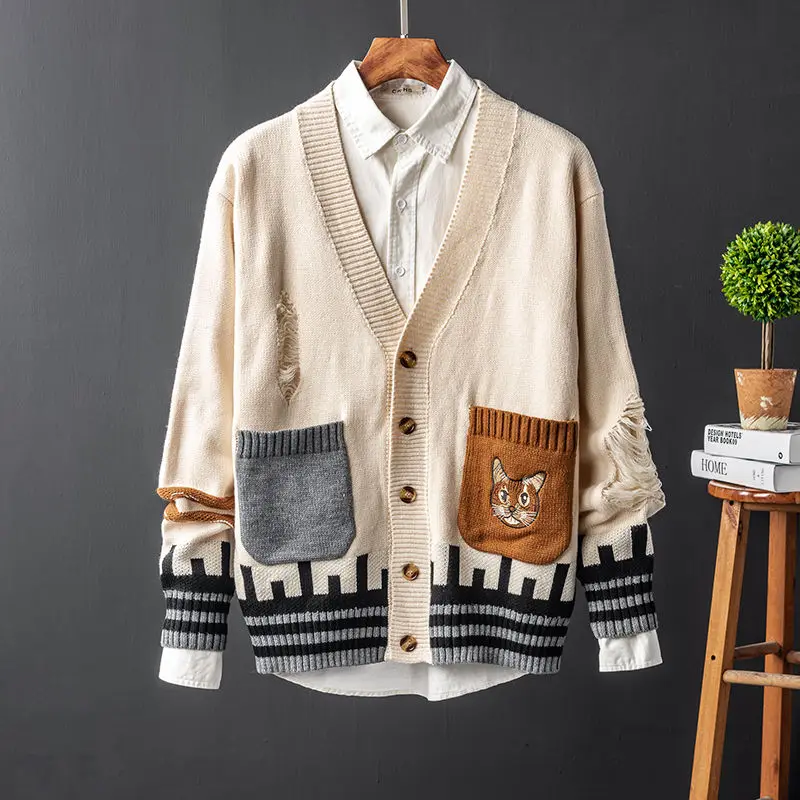 

Men's sweater retro contrast color V-neck knitted cardigan men's trend handsome broken hole sweater coat men's sweater top