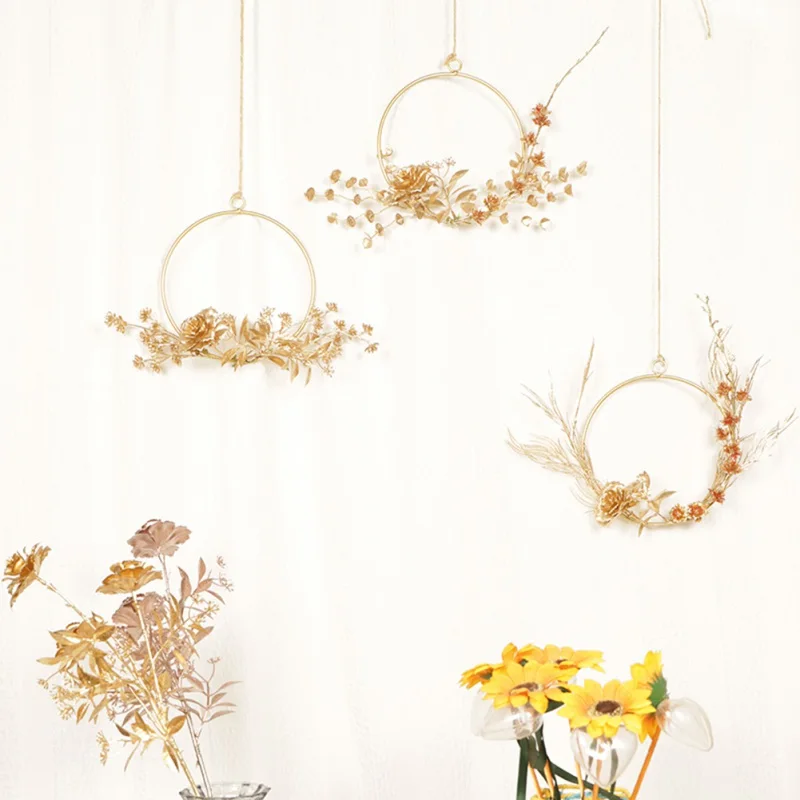 Gold Artificial Flowers Finished Metal Round Frame Wreath Garland Pendant For Wall Window Wedding Party Home Decor