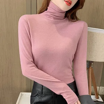 

Women's Knitwear Turtleneck Collar Long Sleeve T-shirt Solid Color Shirt gray