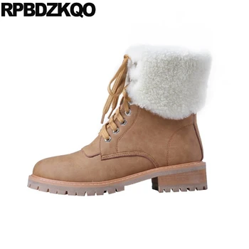 

furry lace up fluffy british short fur chunky fall brown round toe trend ankle military combat shoes women boots winter 2019 mid