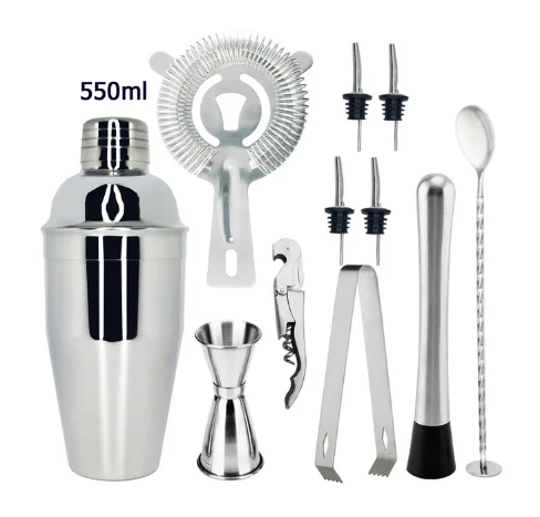 11 pcs 550ml Cocaktailshaker, 12 шт., шейкер из нержавеющей стали, набор, серебряный цвет, с деревянной подставкой, для бара, вечерние, для домашнего использования - Цвет: 11 pcs 550ml