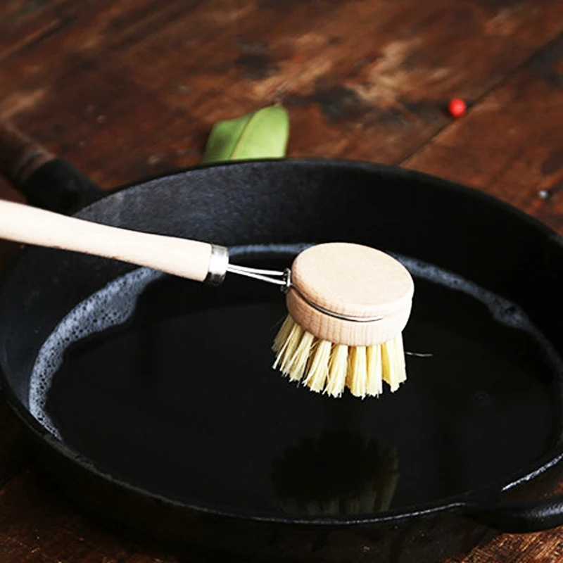 Wear Resistant Kitchen Dish Brush Retro Wooden Pot Brush with Long Handle- Pot Cleaning Brush with Replaceable Head