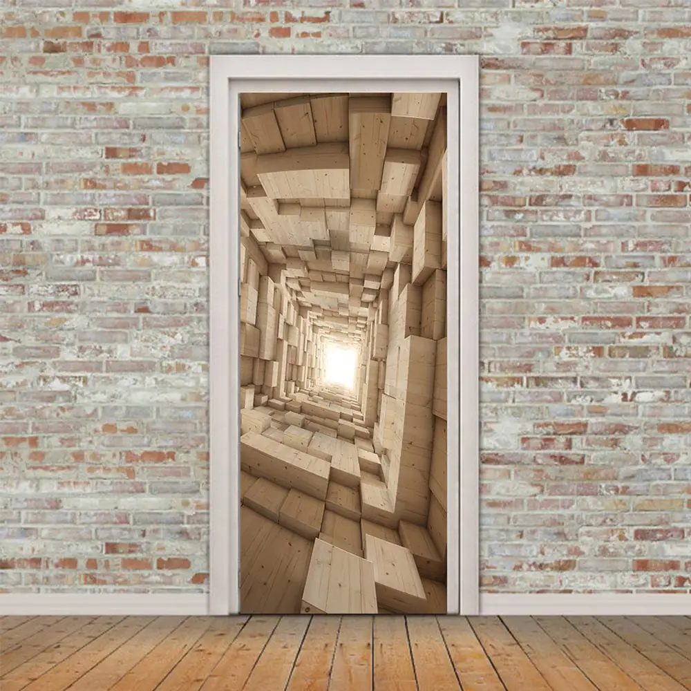 3D Door Sticker Self Adhesive Decal Wood Solid Stereo Space Picture Home Decor Waterproof Environmental Protection Print Artwork