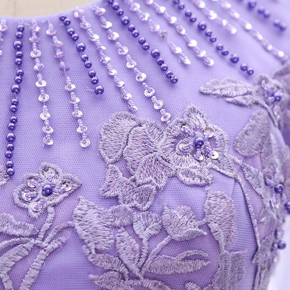 MACloth Lavender Short O Neck Knee-Length Short Embroidery Tulle Prom Dresses Dress L 267689 Clearance