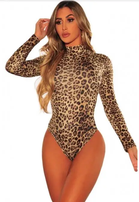 leopard bodysuit Боди со змеиным/леопардовым принтом, с длинным рукавом, с воротником-стойкой, Осень-зима, Женский Облегающий комбинезон, Одноцветный цельный топ - Цвет: leopard bodysuit