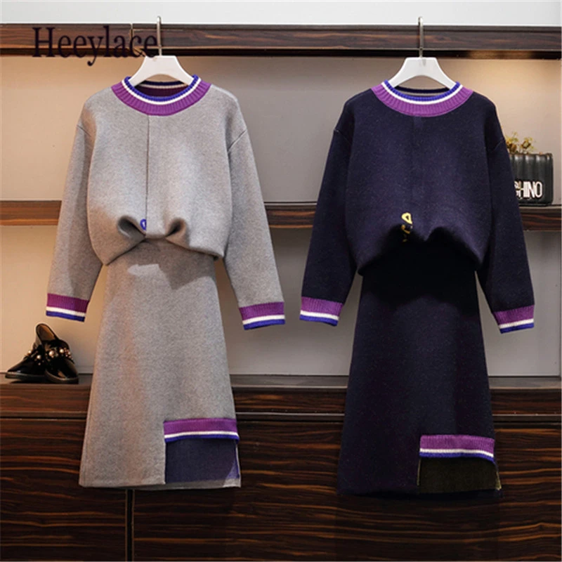 Комплект из двух предметов размера плюс, женский фиолетовый вязаный Топ и юбка, костюмы, одежда для зимы, Femme Deux Pieces, Женский костюм Conjunto Feminino