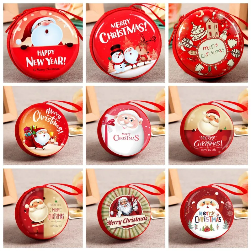 

New Year Santa Claus Mini Storage Bag Round USB Data Cable Headset Coin Case Box Zipper Bags Christmas Gifts for Children Girls