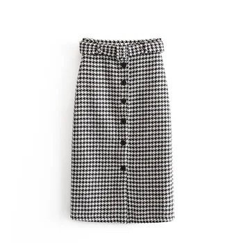 

VomVoa retro elegant office houndstooth 2019 fashion zipper pocket split plaid skirt elegant casual high waist straight skirt