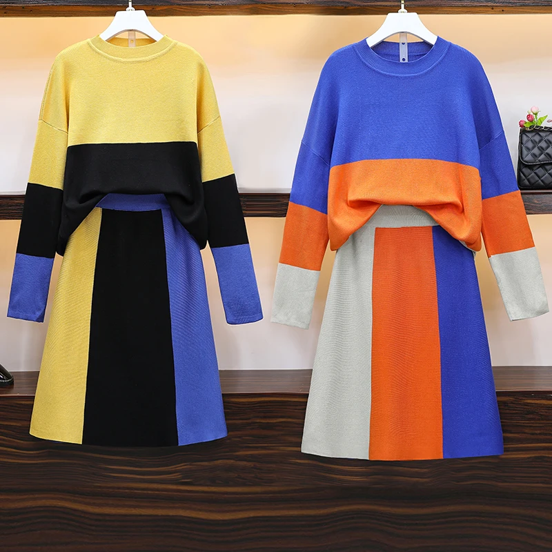 

HAMALIEL XL-4XL Plus Size Sweater Skirt Suit Winter Women Knitted Striped Hit Color Loose Pullover 2PCS Set And A Line Skirt Set