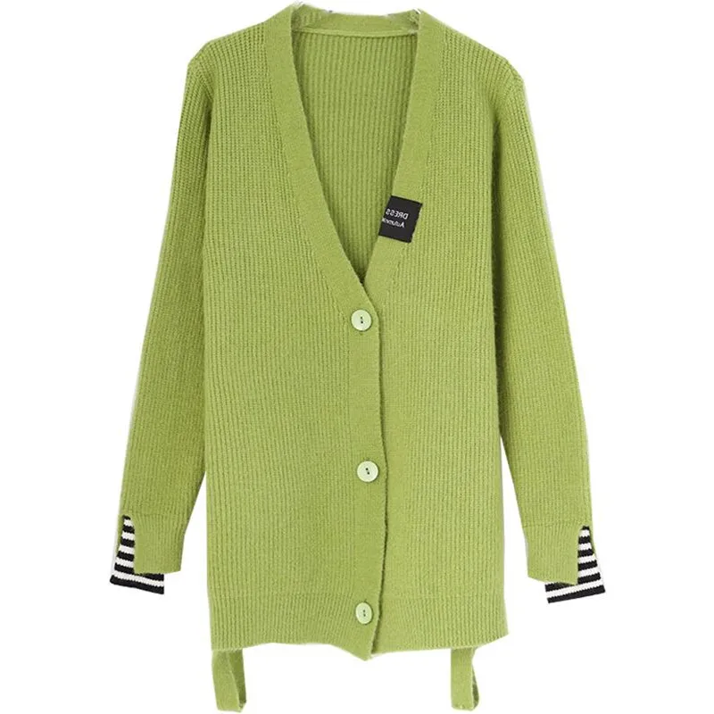 Кардиган женский зеленый свитер осень зима длинный рукав трикотажные кардиганы женский однобортный трикотажный топ