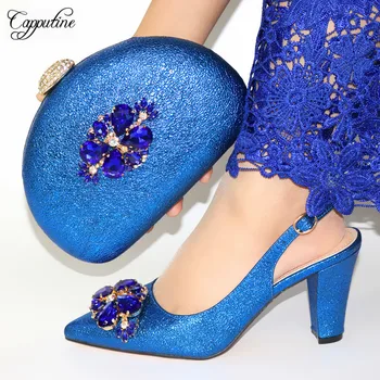 

Elegant Royal Blue Lady High Heel Pumps Shoes With Purse Handbag Sets With Stones CR893, Heel Height 9.3cm