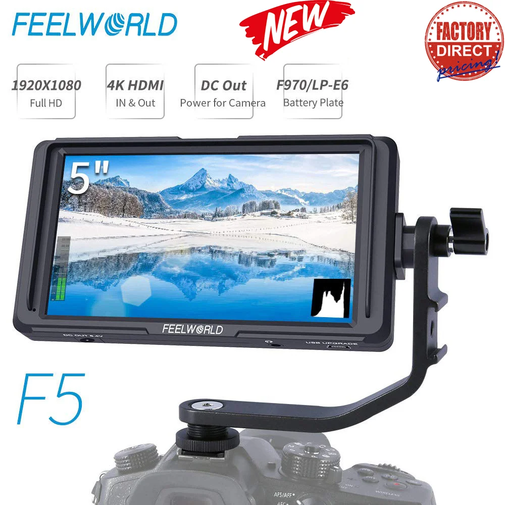 

FEELWORLD F5 5 Inch DSLR Camera Top Field Monitor FHD 1080P 4K HDMI Input Output Tilt Arm Power with F970 LP-E6 Battery Plate