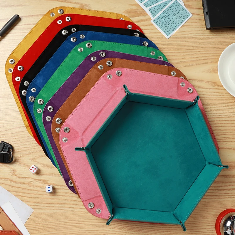 

9 Colors PU Leather Folding Hexagon Dice Tray Key Wallet Coin Box Office Desktop Storage Box Club 23x23cm Storage Dice New