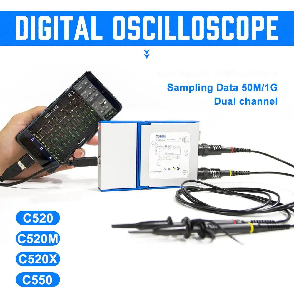 

Virtual Digital Handheld Oscilloscope can connect Android&PC 2 Channel Bandwidth 20Mhz/50Mhz Sampling Data 50M/1G