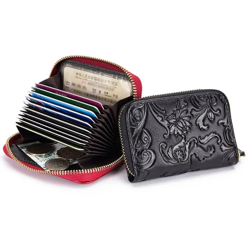 PU Floral Embossed RFID Blocking Small Wallet Credit Card Holder Case Organizer for Women
