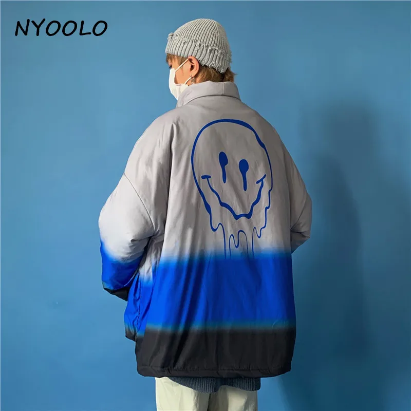 NYOOLO, Harajuku, уличная, с большими карманами, лицо дьявола, градиент, утолщенное, теплое пальто, Осень-зима, свободная куртка на молнии, для женщин, мужчин, верхняя одежда - Цвет: Серый