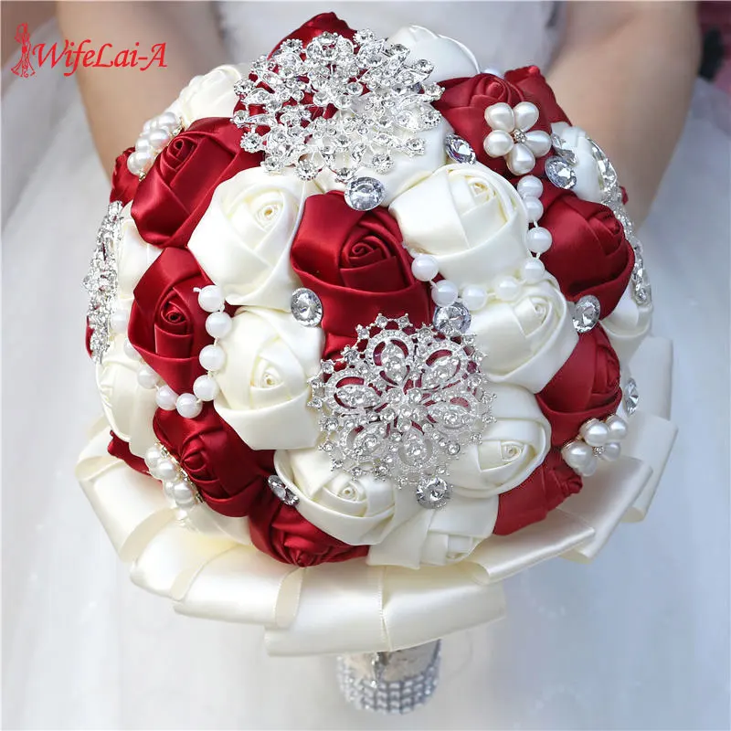 WifeLai-A 20CM Wedding Flower Bridal Bridesmaid Bling Rhinestone Bouquets Handmade Foam Rose Flowers Ivory Holding Bouquet W3217