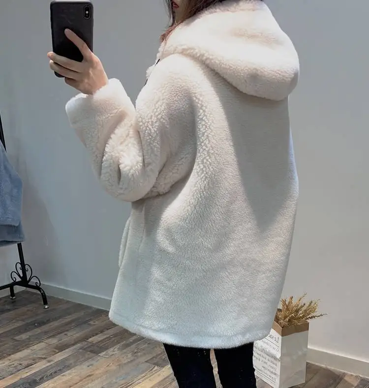 Женское пальто из натуральной шерсти на осень и зиму, толстая теплая куртка женская с капюшоном, овечья шерсть, повседневная короткая верхняя одежда N102