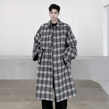 

Male Women Jacket Men Double-sided Wear Diagonal Bag Pocket Houndstooth Loose Casual Long Wool Plaid Trench Coat Outerwear