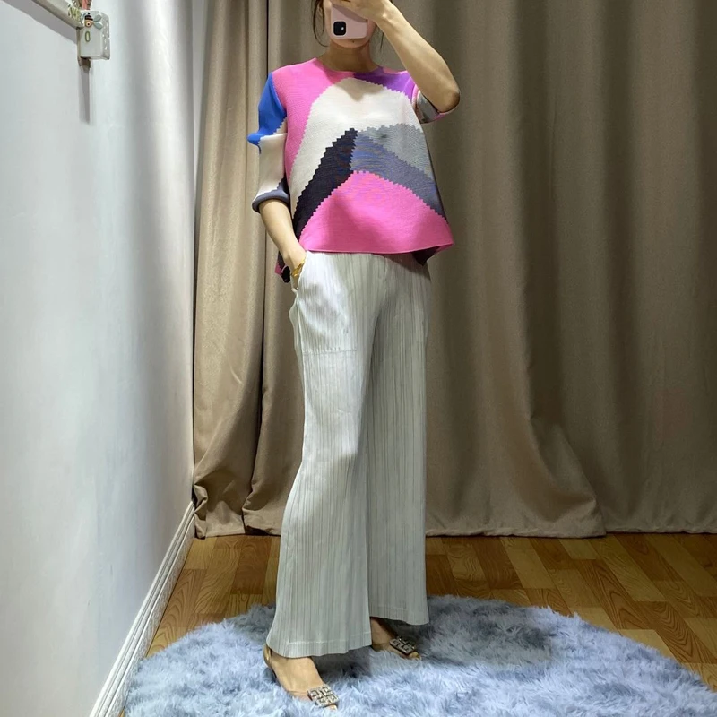Весенняя Новинка Miyake, плиссированный топ, свободный, короткий, круглый вырез, 7/4 рукав, тонкая Базовая футболка, тренд