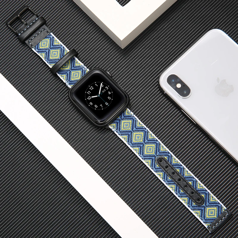 National Wind Fabric+Genuine Leather strap for apple watch band 42mm 38mm 44mm 40mm iwatch series 5/4/3/2/1 bracelet Accessories