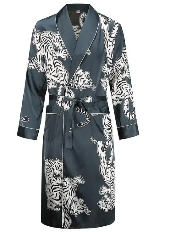 robe 4 Атласная Ночная рубашка мужской летний тонкий купальный халат Тигр Ночная рубашка свободный Свадебный халат шелковистый длинный рукав Sleeprobe размера плюс домашняя одежда - Цвет: robe 4