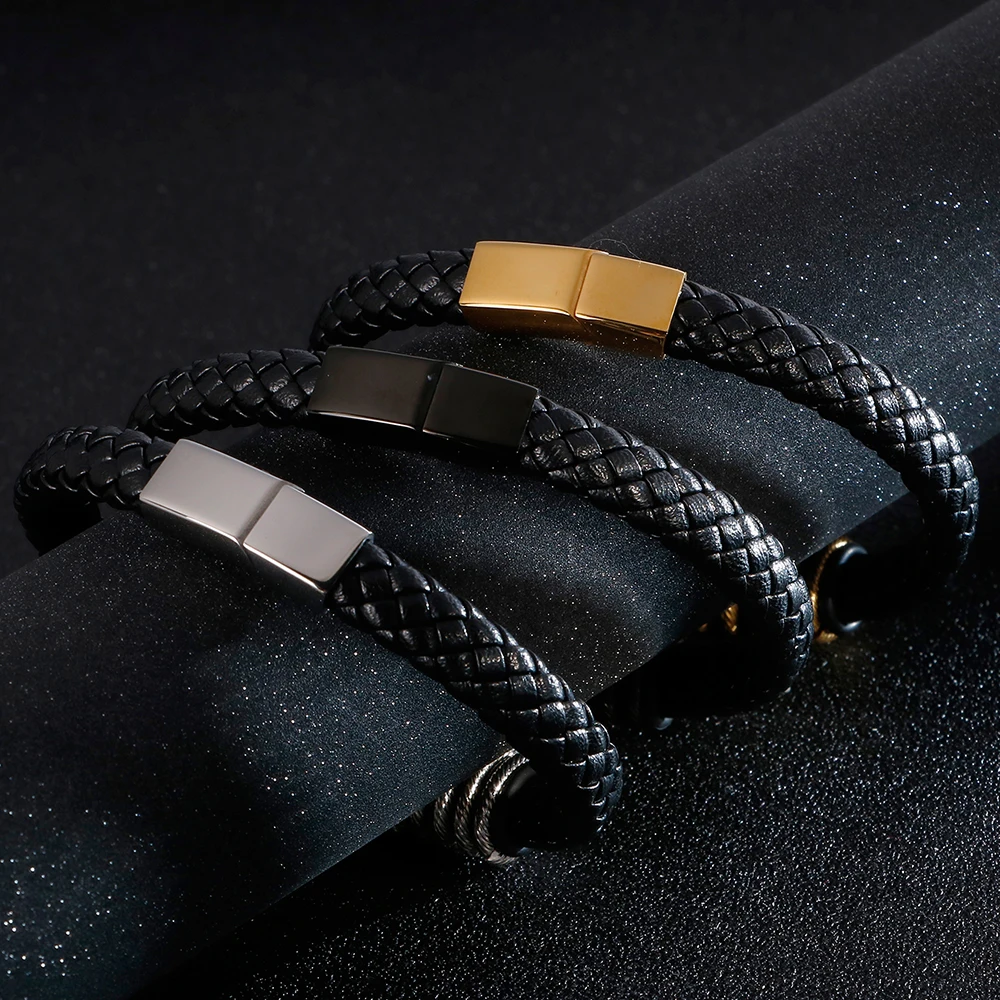 Personalized Braided Genuine Leather Bracelet Men Gold Black Stainless Steel Men's Bracelets Fashion Wrap Bangles Hand Jewelry